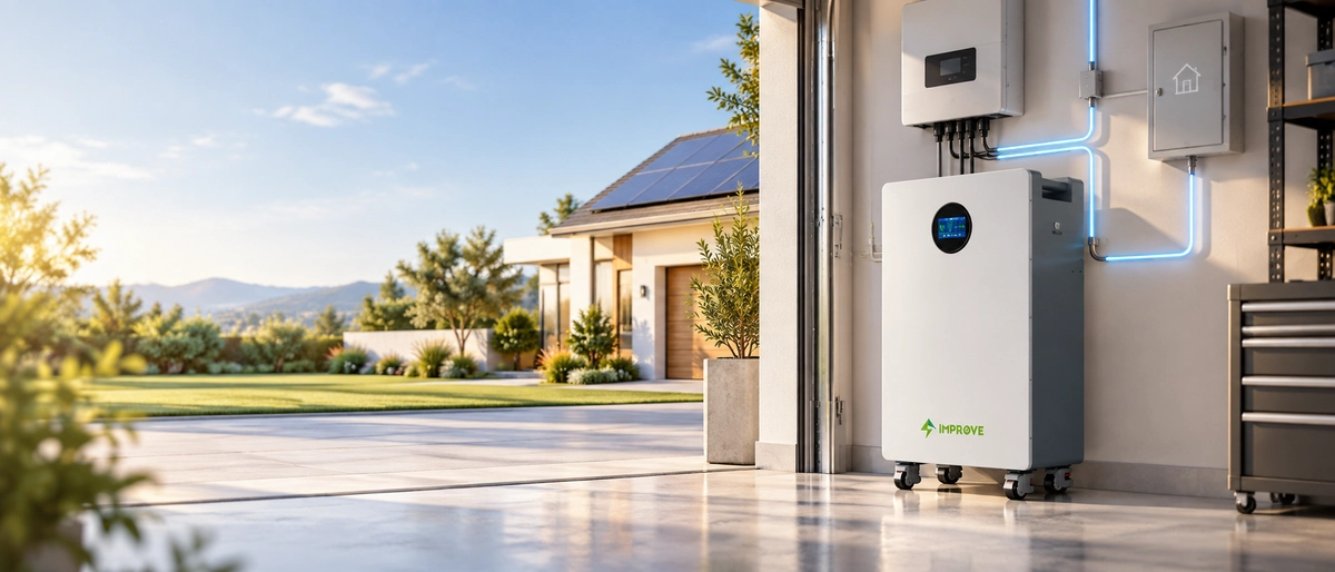 Almacenamiento de energía residencial instalado en un garaje, batería de suelo conectada a un inversor híbrido montado en pared